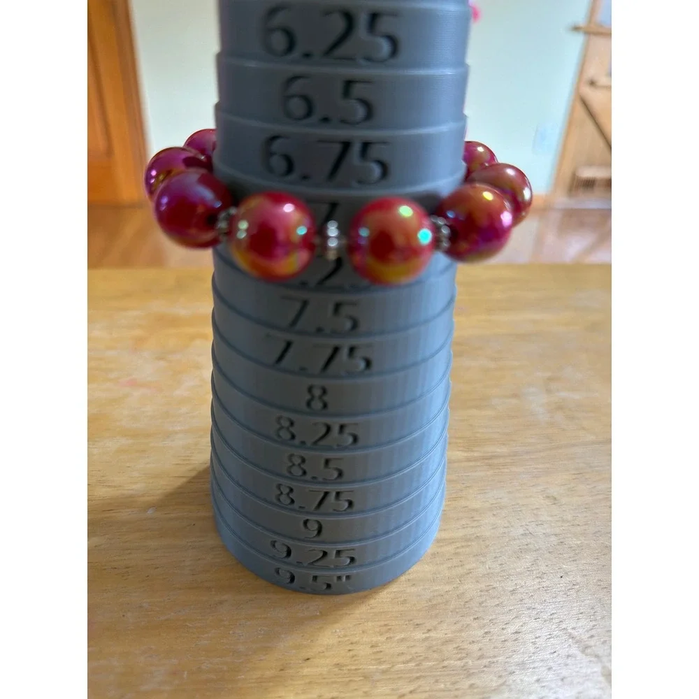 Red Iridescent Bead Stretch Bracelet Silver Tone Spacer Faux Pearl